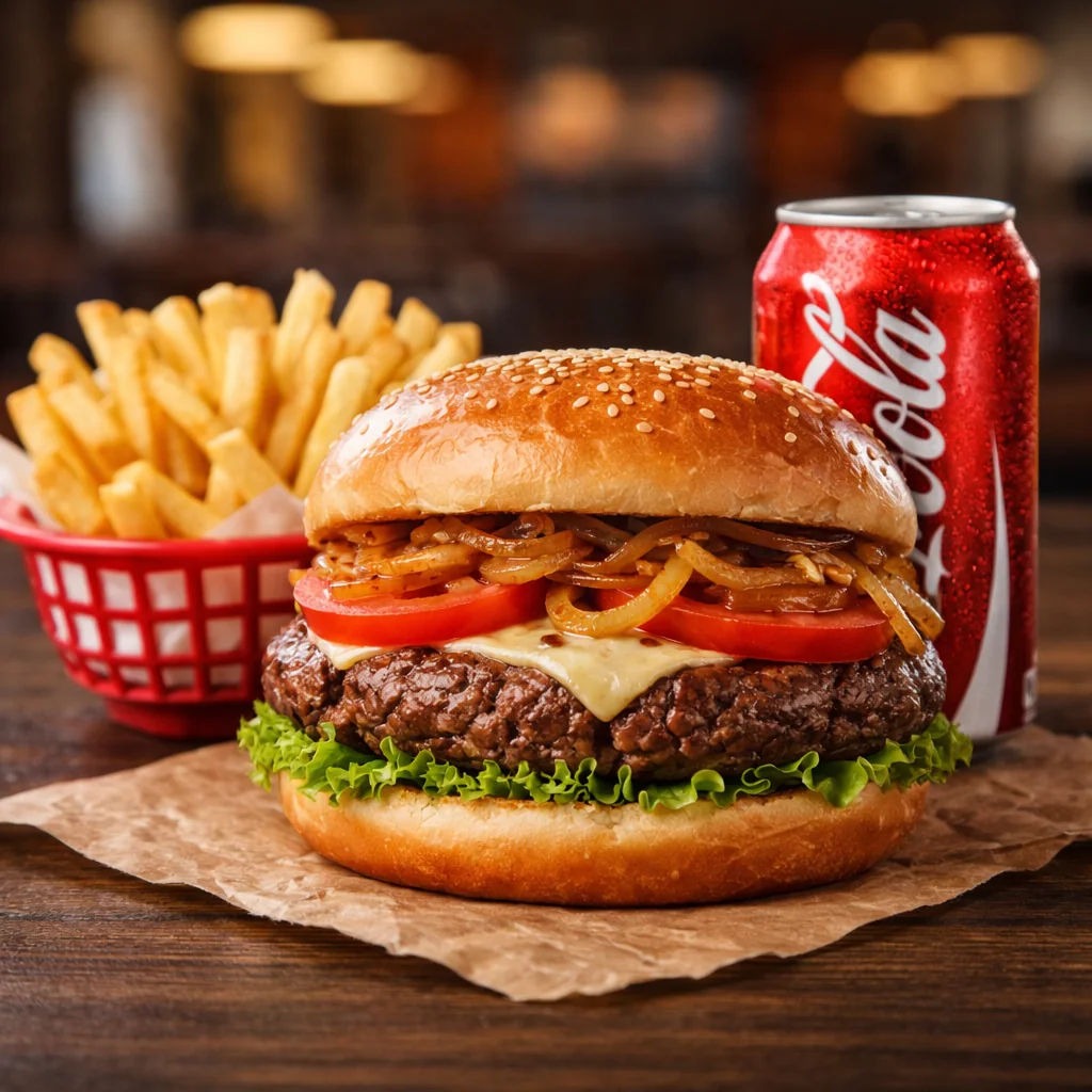 Cheeseburger mit Pommes und Softdrink